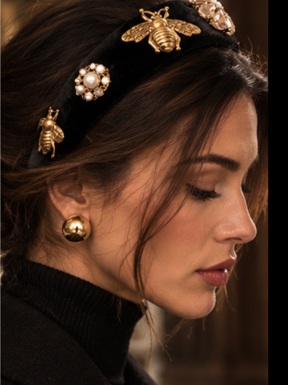 Black Velvet Headband with Gold Bee and Pearl Accents